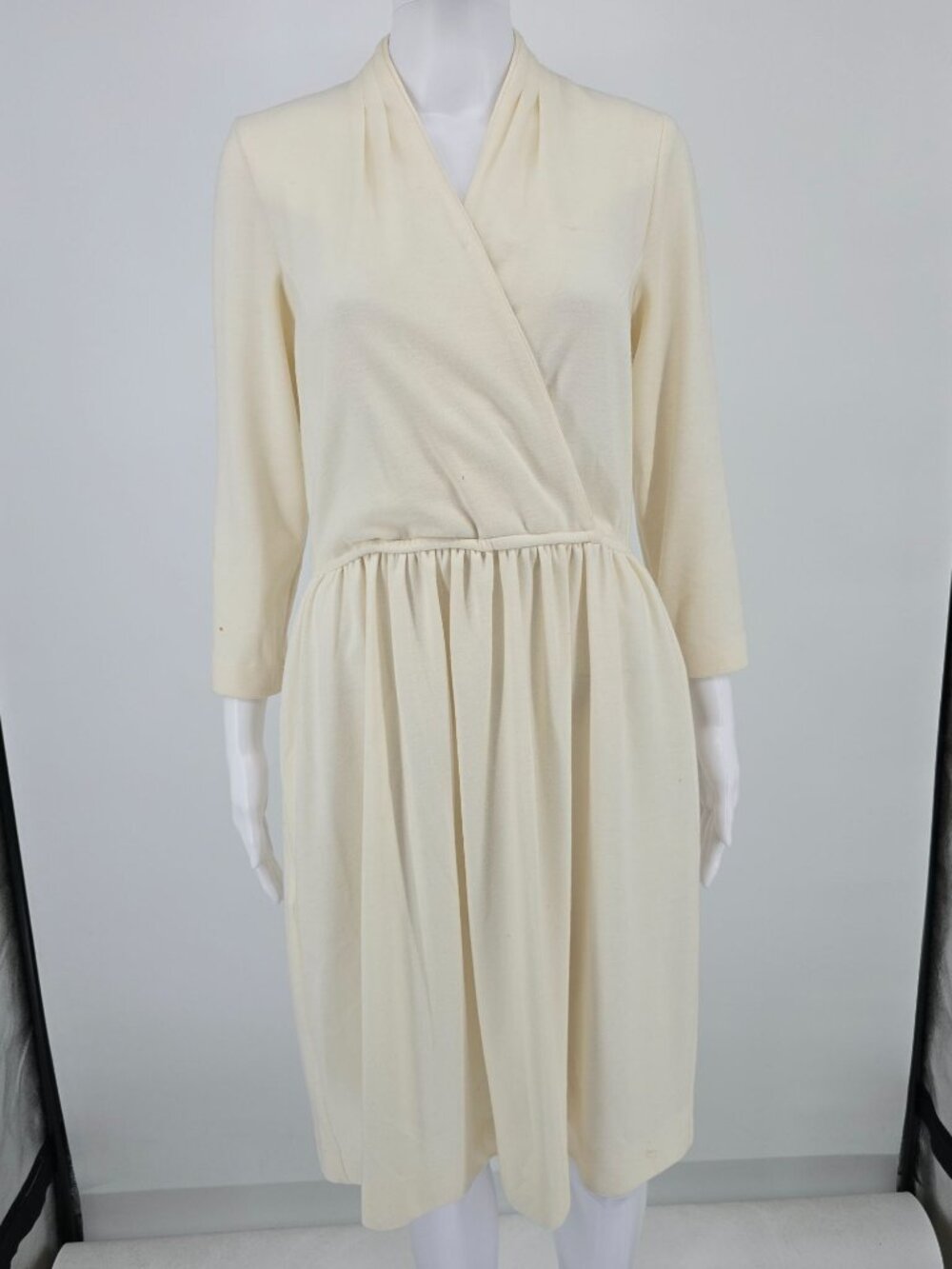 Vintage 1980s J. Ellis Ivory Knit Faux Wrap-Front Knee-Length Dress (Small)